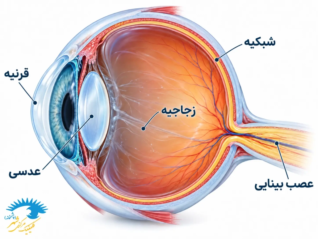 ساختار چشم شامل قرنیه، عدسی، زجاجیه، شبکیه و عصب بینایی