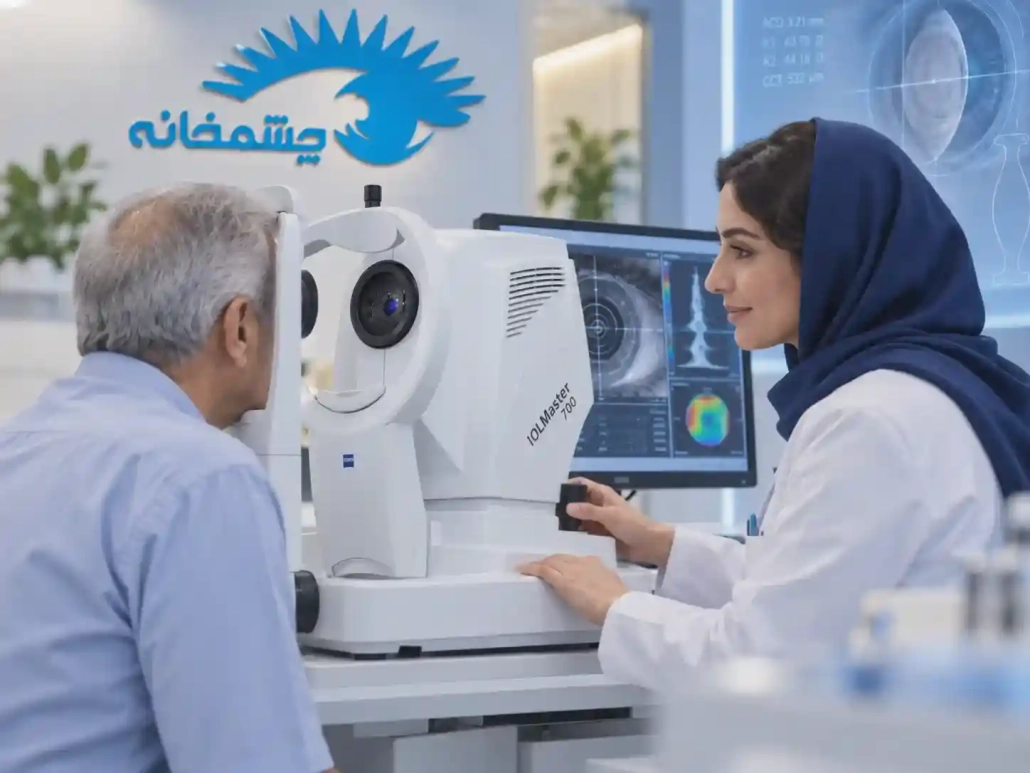 بررسی چشم بیمار با دستگاه IOLMaster 700 در کلینیک چشمخانه