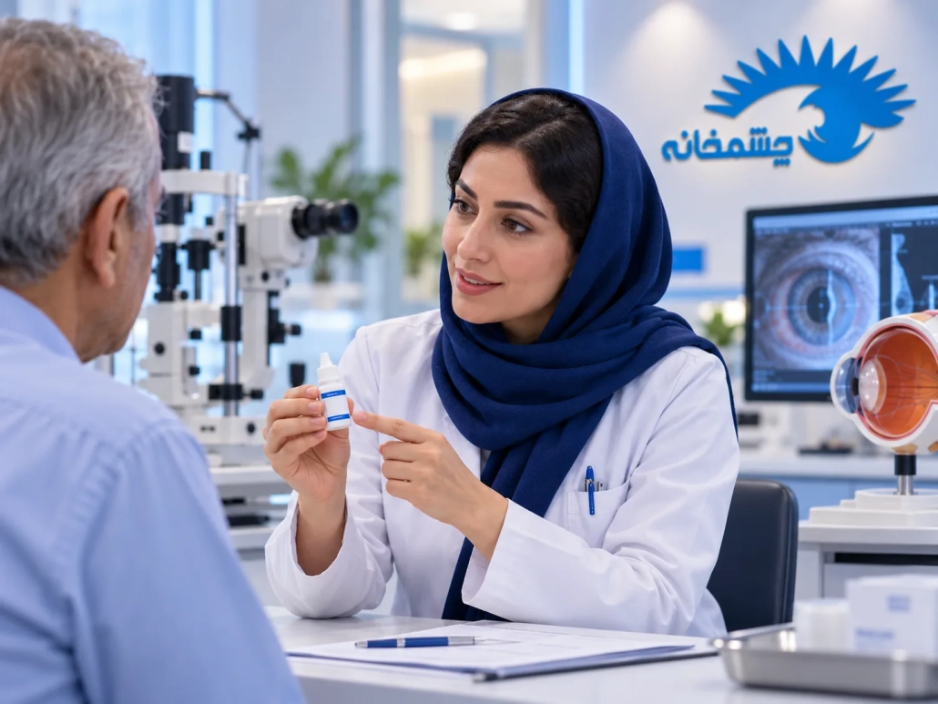 پزشک در حال توضیح نحوه مصرف قطره چشم دیکلوفناک در کلینیک چشمخانه
