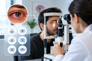 معاینه چشم قرمز با دستگاه اسلیت لامپ در کلینیک چشم پزشکی