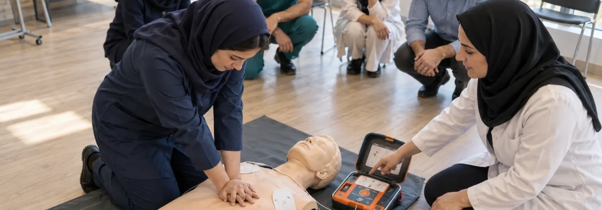 کارگاه عملی آموزش احیای قلبی ریوی و استفاده از دستگاه AED با مانکن آموزشی