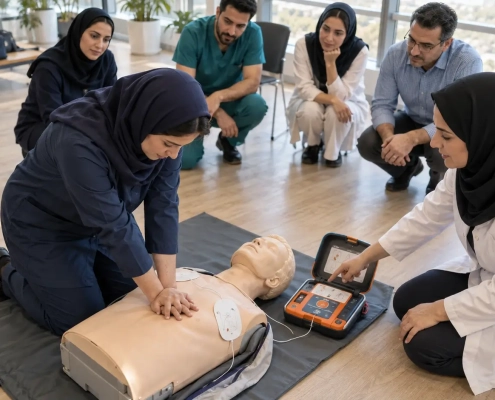 کارگاه عملی آموزش احیای قلبی ریوی و استفاده از دستگاه AED با مانکن آموزشی
