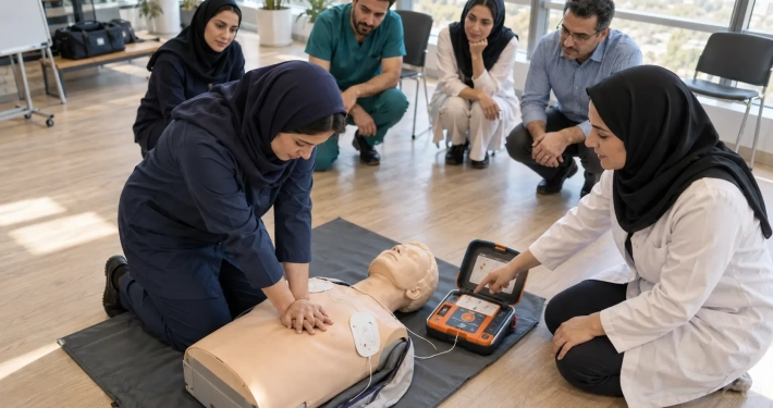 کارگاه عملی آموزش احیای قلبی ریوی و استفاده از دستگاه AED با مانکن آموزشی